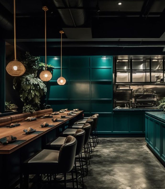 The long table at Dee's under hanging lights, laid for a group